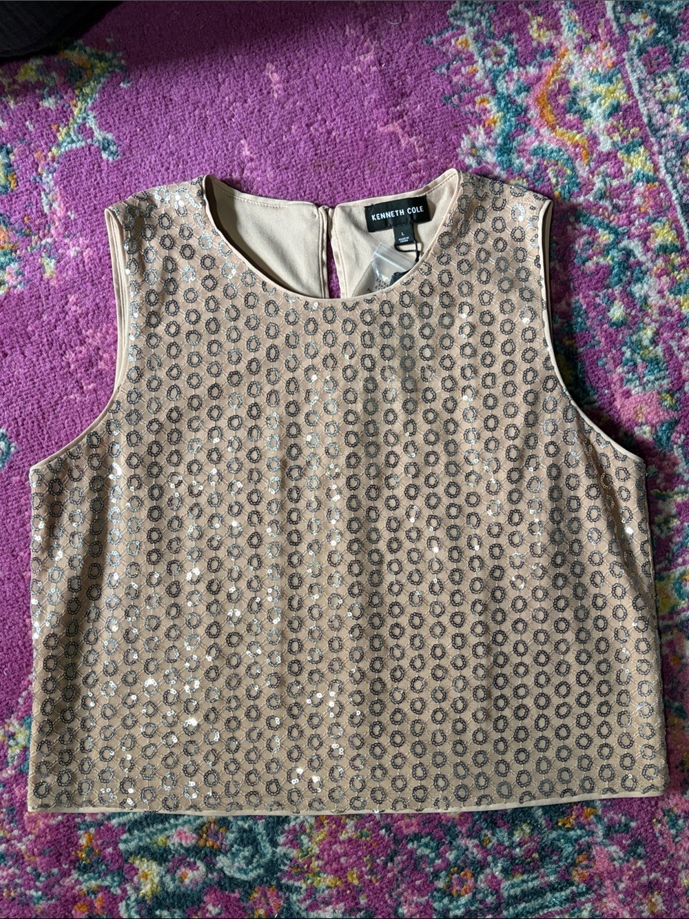 NWT Kenneth Cole Sequin Sleeveless Top Nude Silver Large Party Holiday